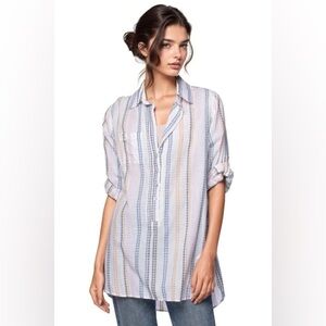 Subtle Luxury Womens Size L/XL Striped Roll-tab Sleeve Boyfriend Shirt in Cotton